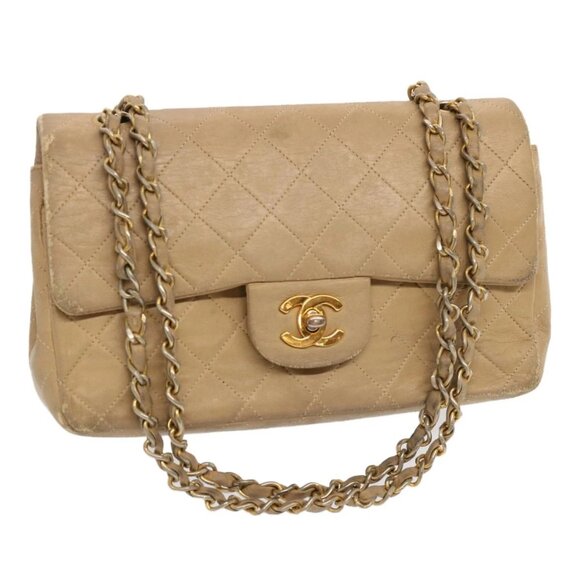 CHANEL Matelasse Chain Shoulder Bag Lamb Skin Beige CC Auth 70454A - Picture 1 of 16
